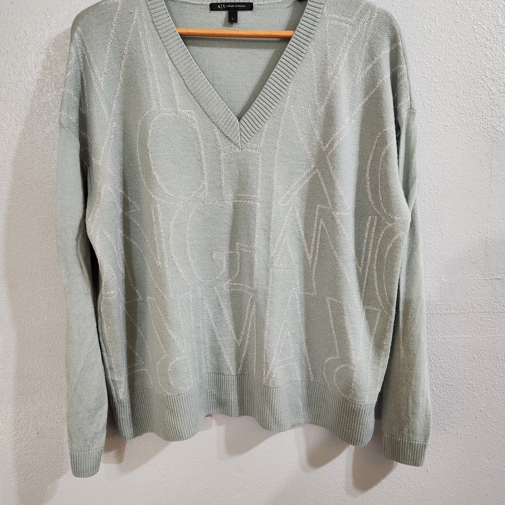 Armani Exchange Logo V-Neck Sweater Soft Green Gray Metallic Thread Large Womens